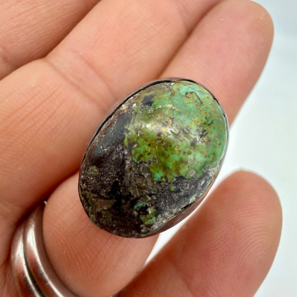 Vintage Sterling Silver Green Turquoise Ring Size 6.5 – Rare Green Cabochon